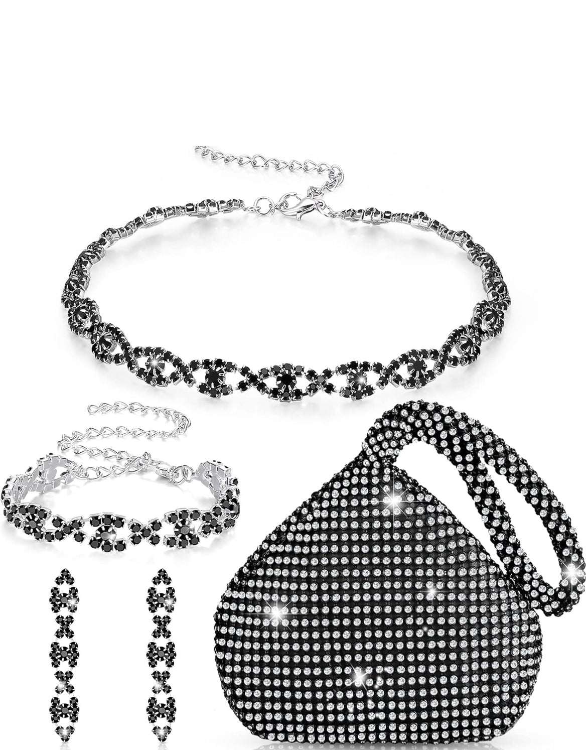 Elegante 4 Stukke Strass Halssnoer, Choker, Armband, Oorbel, Koppelsakke, Juwelierswarestel Vroue Kristal Driehoek Glans Diamant Beursie Strass Sak vir Troue, Partytjie