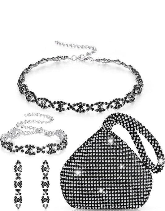 Elegante 4 Stukke Strass Halssnoer, Choker, Armband, Oorbel, Koppelsakke, Juwelierswarestel Vroue Kristal Driehoek Glans Diamant Beursie Strass Sak vir Troue, Partytjie