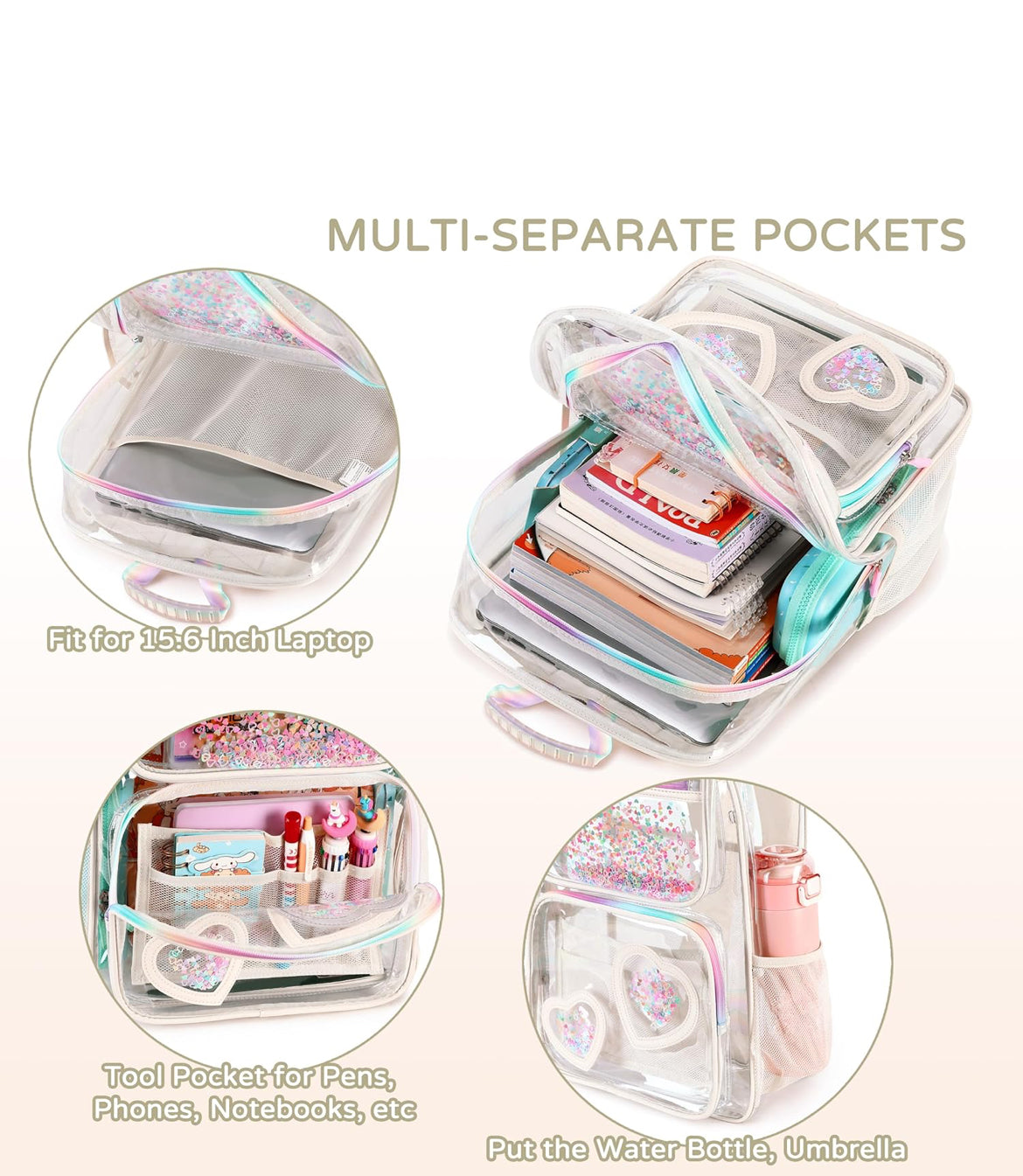 Clear Backpack for Girls Women Transparent Kids Elementary College School Bag Travel Laptop Backpacks Large Bookbags (Off-white)