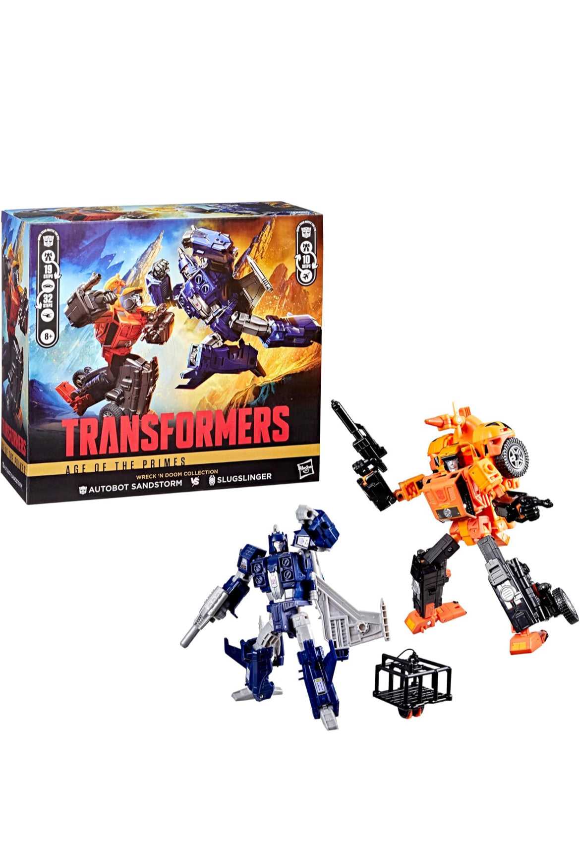 TRANSFORMERS Age of The Primes Wreck 'n Doom Collection 2-Pack, 7.5-Inch Autobot Sandstorm and 5.5-Inch Slugslinger Action Figures, Robot Toys, 8+