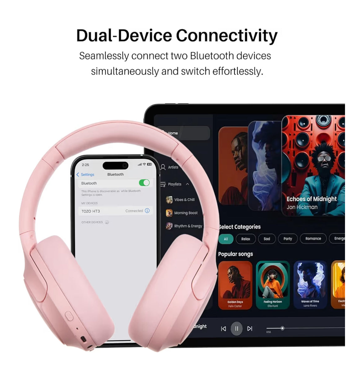 HT3 Hybrid Noise Cancelling Headphones, 90H Battery Life Over Ear Bluetooth 6.0 Foldable Headset, AI Voice Assistant - Pink