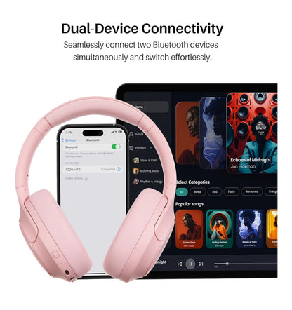 HT3 Hybrid Noise Cancelling Headphones, 90H Battery Life Over Ear Bluetooth 6.0 Foldable Headset, AI Voice Assistant - Pink