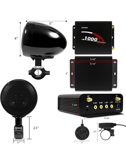 Motorcycle Speakers Bluetooth 4 Inch Waterproof Radio Audio System
1000W Amplifier, Remote Control, AUX USB SD FM Radio, Fits 7/8"–1-1/4" bar for ATVs/Motorcycles, 12 Volt Vehicles