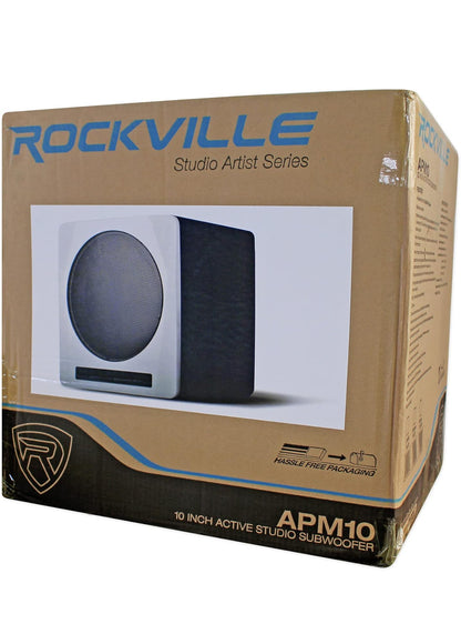 Rockville APM10W Aktiewe Studio Subwoofer in Wit, 10", 400W, MDF Hout, RCA/XLR/Opties, Vooraansluiting