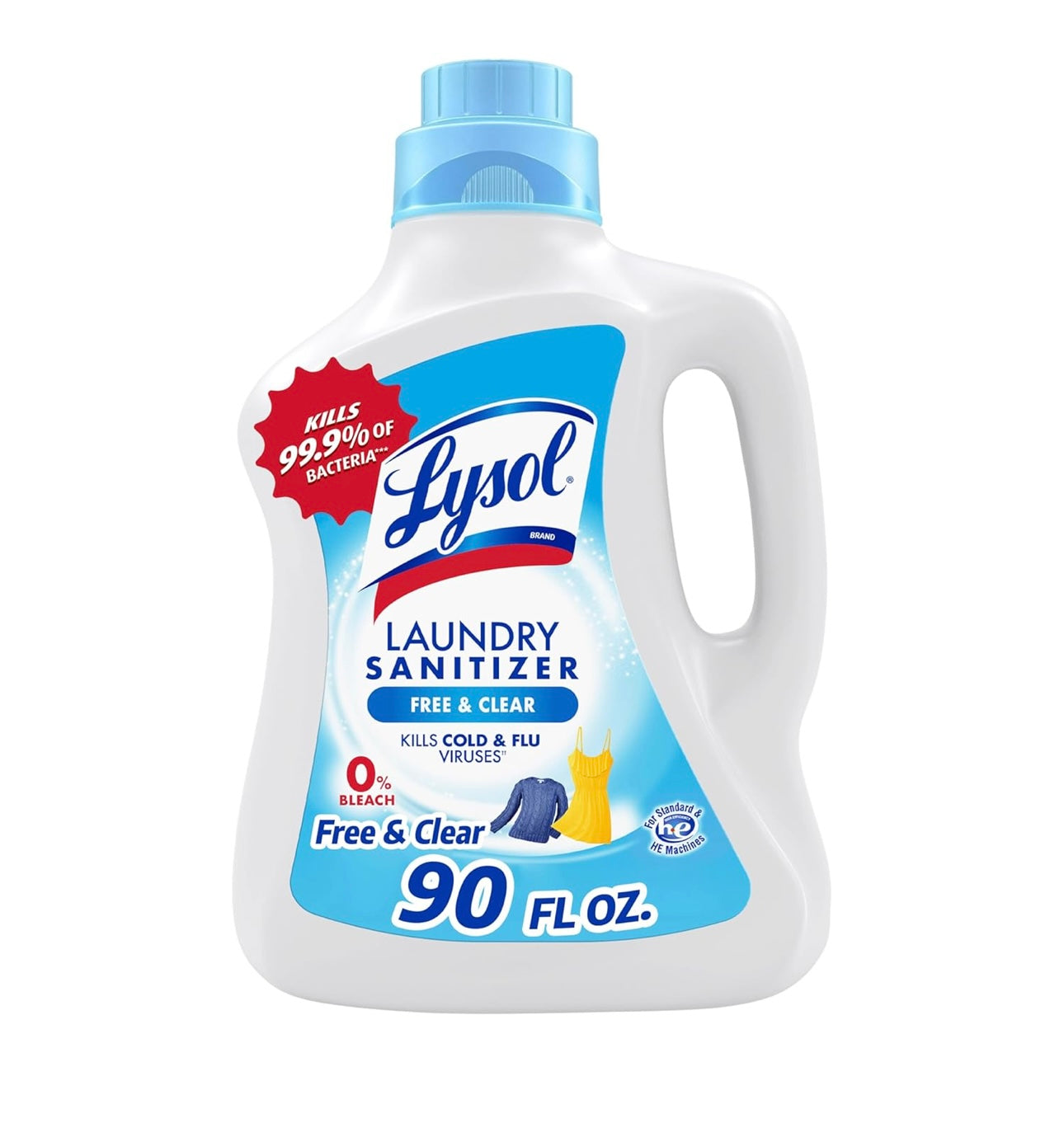 Lysol Wasgoed Saniteerder Byvoegsel, Vry & Helder, Vry van Geur en Kleurstowwe, 0% Bleikmiddel Wasgoed Saniteerder, Bakterie-veroorsakende Wasgoed Reuk Verwyderaar, Ongegeur, 90 Fl Oz (Pak van 1) - Verpakking Kan Verskil