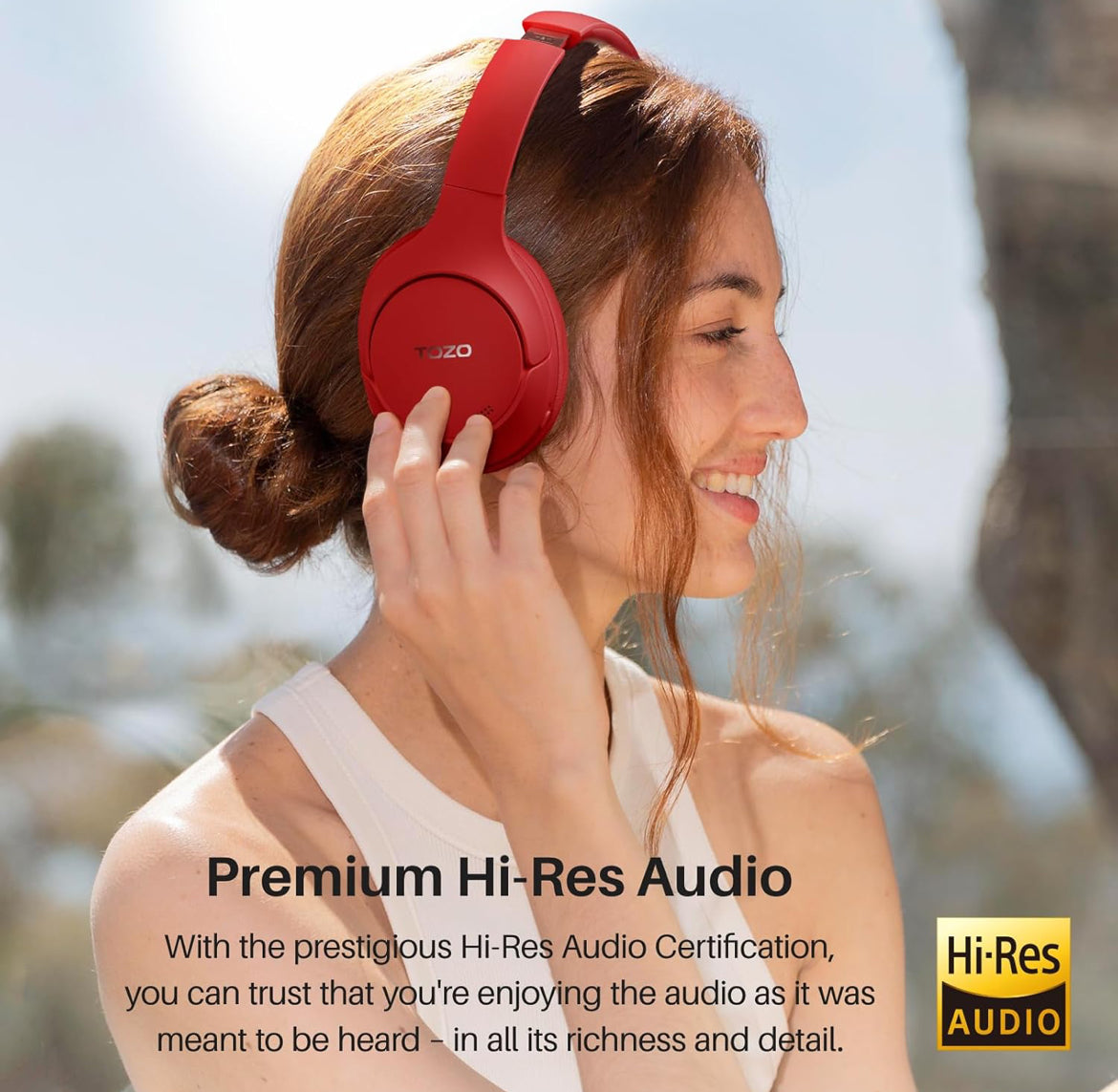 HT2 Hybrid Active Noise Cancelling Headphones, Wireless Over Ear Bluetooth Headset, 60H Playtime - Red