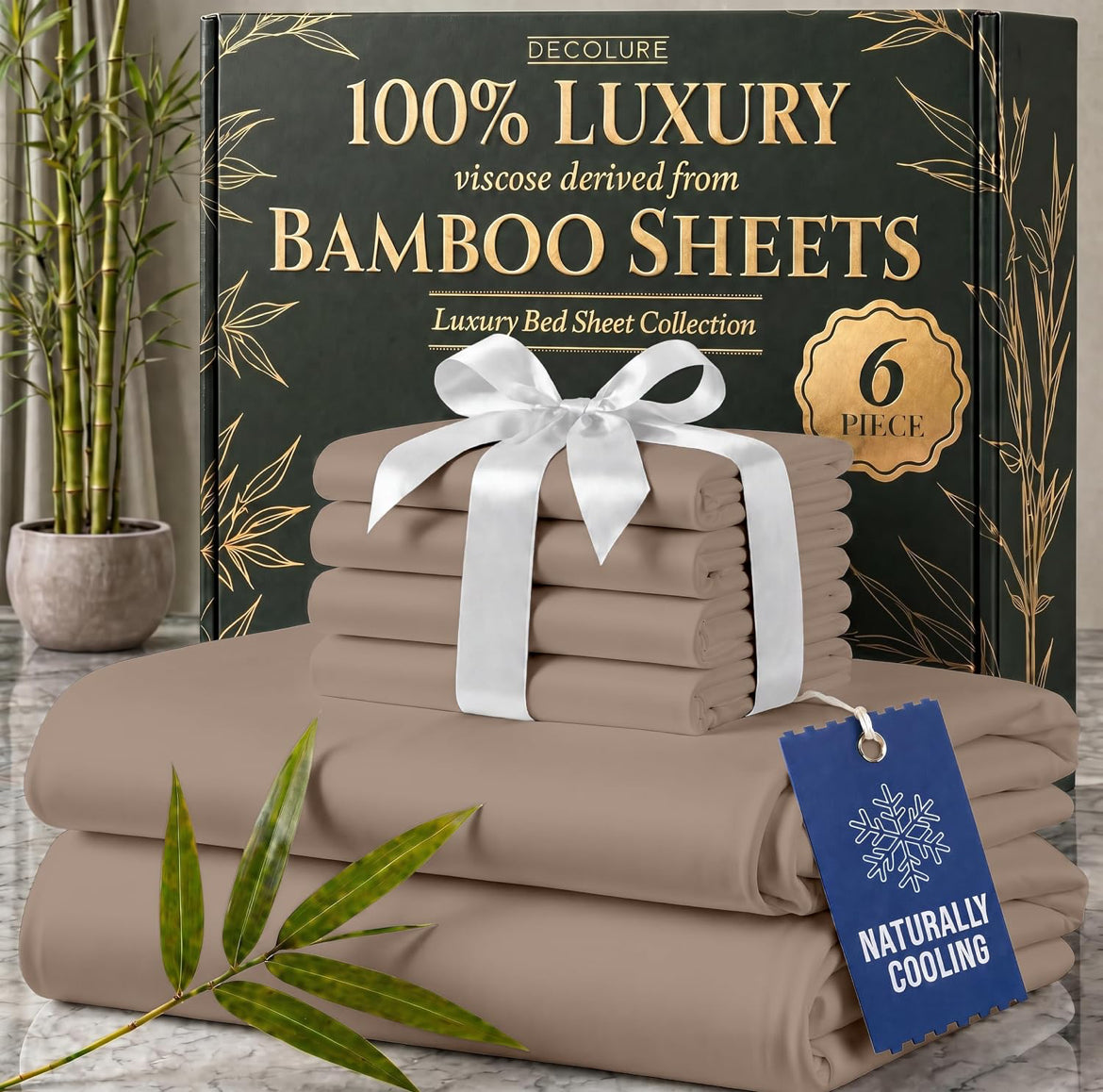 DECOLURE 100% Viscose Derived from Bamboo Sheets King Size - Luxury 6 Pc Naturally Cooling Sheets, Ultra Soft Bed Set - Deep 17" Pockets, Durable Double Stitching, Oeko Tex Standard (Taupe)