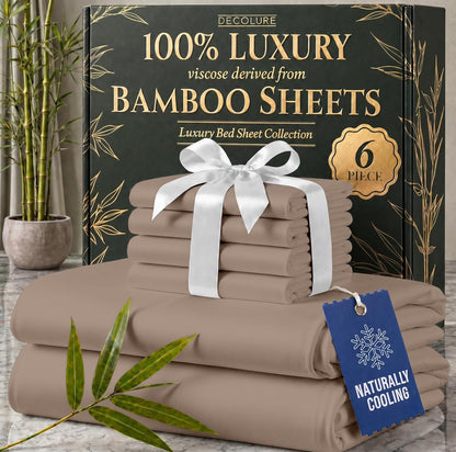DECOLURE 100% Viscose Derived from Bamboo Sheets King Size - Luxury 6 Pc Naturally Cooling Sheets, Ultra Soft Bed Set - Deep 17" Pockets, Durable Double Stitching, Oeko Tex Standard (Taupe)