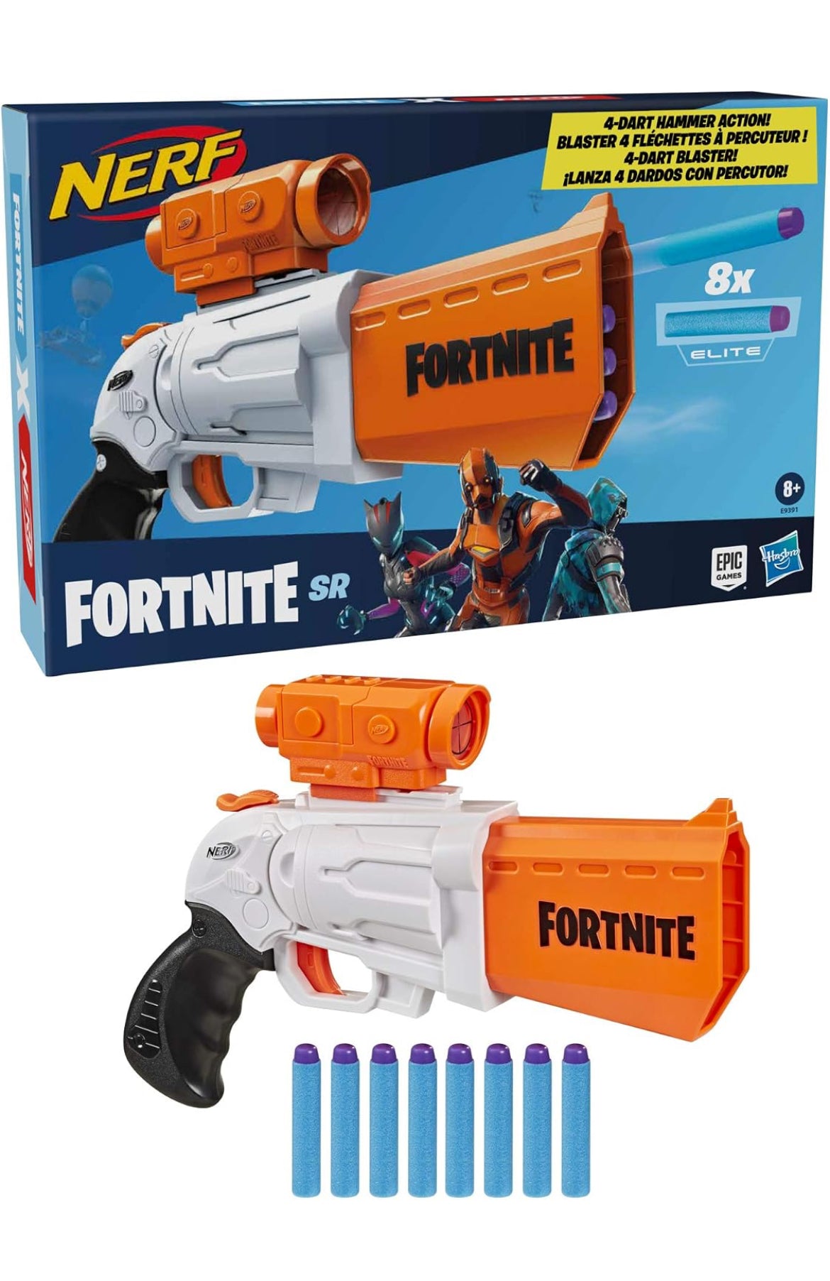 Nerf Fortnite SR Blaster - 4-Dart Hammer Action - Includes Removable Scope and 8 Official Nerf Elite Darts - for Youth, Teens, Adults
