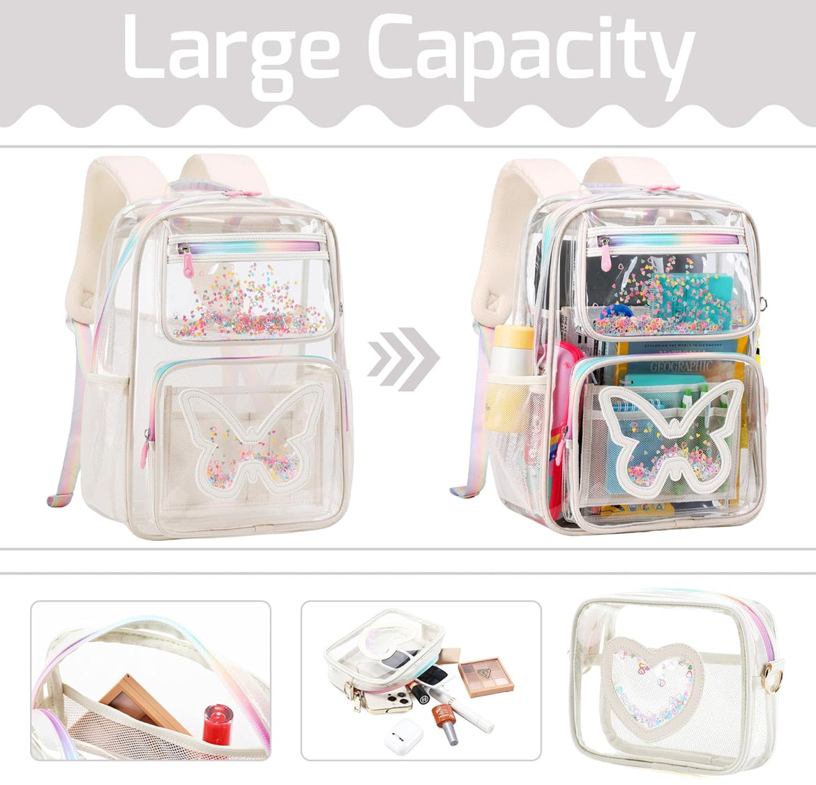 Girls Clear Backpack,2 PCS Large Backpacks Set,Heavy Duty Bookbag Stadium Approved Daypack Transparent Women Bag See Through Daypack for Kids Elementary Middle School Students Teens Sport Beige