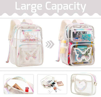 Girls Clear Backpack,2 PCS Large Backpacks Set,Heavy Duty Bookbag Stadium Approved Daypack Transparent Women Bag See Through Daypack for Kids Elementary Middle School Students Teens Sport Beige