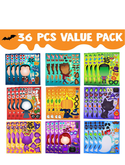 JOYIN 36 STK Halloween Kunsvlytplakkers vir Kinderspartytjies, Maak-’n-Gesig-plakkers met Heks- en Vampierontwerpe, Selfdoen-kunsvlytmateriaal vir Halloween-partytjiespeletjies, Klaskameraktiwiteite, Geskenke, Lekkernye