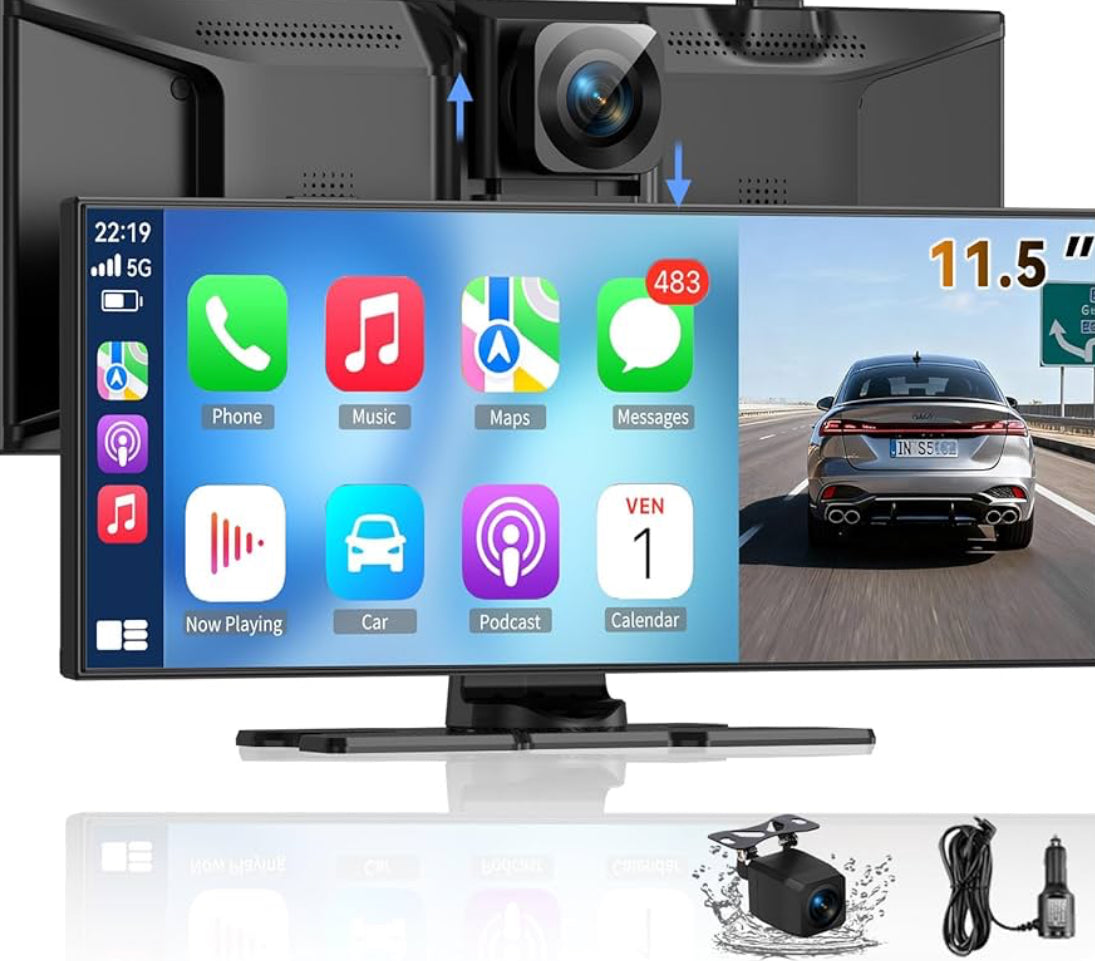 Wireless HD 11.5'' Carplay & Android Auto Car Stereo Touchscreen w/ 4K Dash Cam 1080P Backup Camera,Voice Control/GPS Navigation/Mirror Link/Bluetooth/AUX/FM
