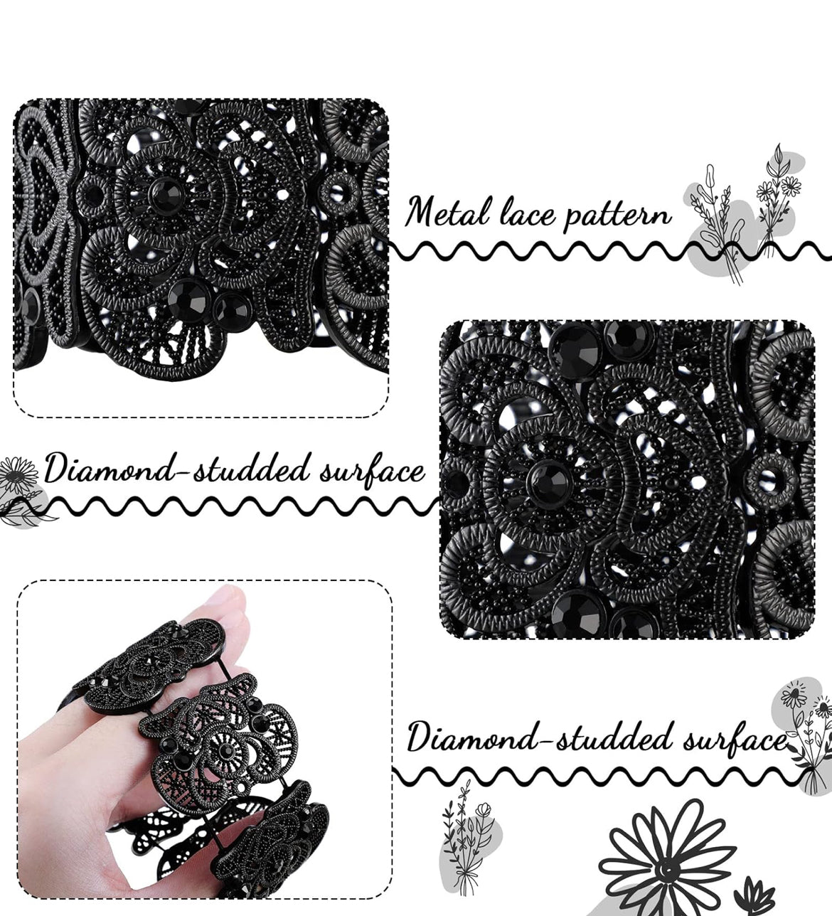 2 Stuks Swart Armband vir Vroue Gotiese Vintage Filigree Juweliersware Damesboeie Armbande Boheemse Kant Armband Kant Manchet Armband Wye Rek Strass Stelling