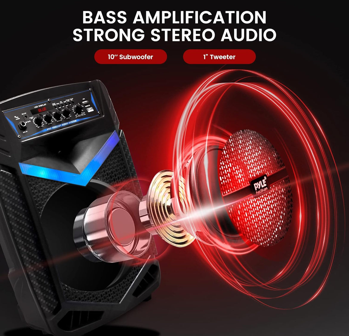 Portable Bluetooth PA Speaker System  600W Rechargeable 10” Subwoofer 1” Tweeter, Recording Function, Mic In Party Lights USB/SD Radio