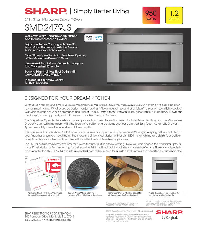 Sharp SMD2479JS 24 in. 1.2 cu. ft. Built-In Smart Microwave Drawer Oven
Easy Wave Open, 24-inch, 1.2 Cubic Feet, 950 Watt, Works with Alexa Certified