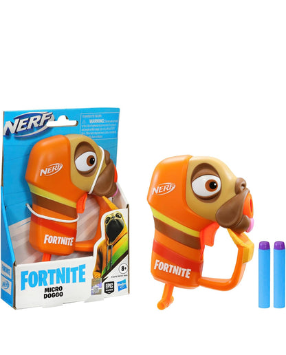 Nerf Fortnite Micro Doggo Mini Dart-Firing Blaster - Fortnite Doggo Outfit Design - Includes 2 Official Nerf Elite Darts