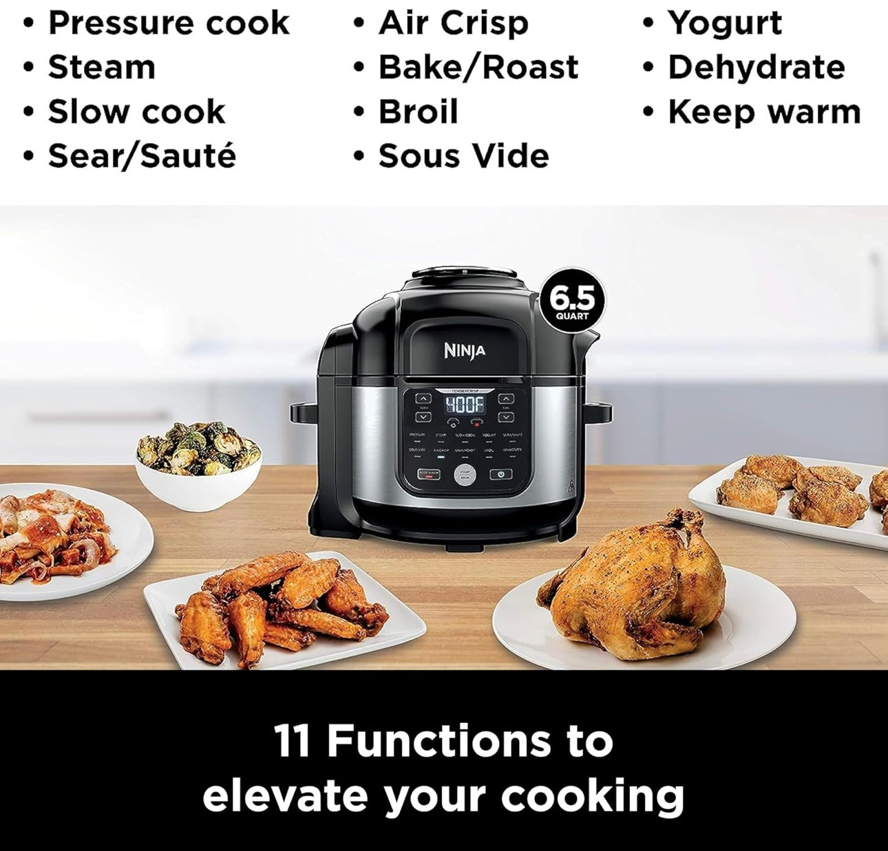 Ninja Foodi Air Fryer Pressure Cooker Combo 11-in-1 Pro 6.5 qt. Pressure Cooker & Air Fryer that Steams, Slow Cooks and More with 4.6 qt Crisper Plate, Broil Rack & Recipe Book, FD302, Silver/Black