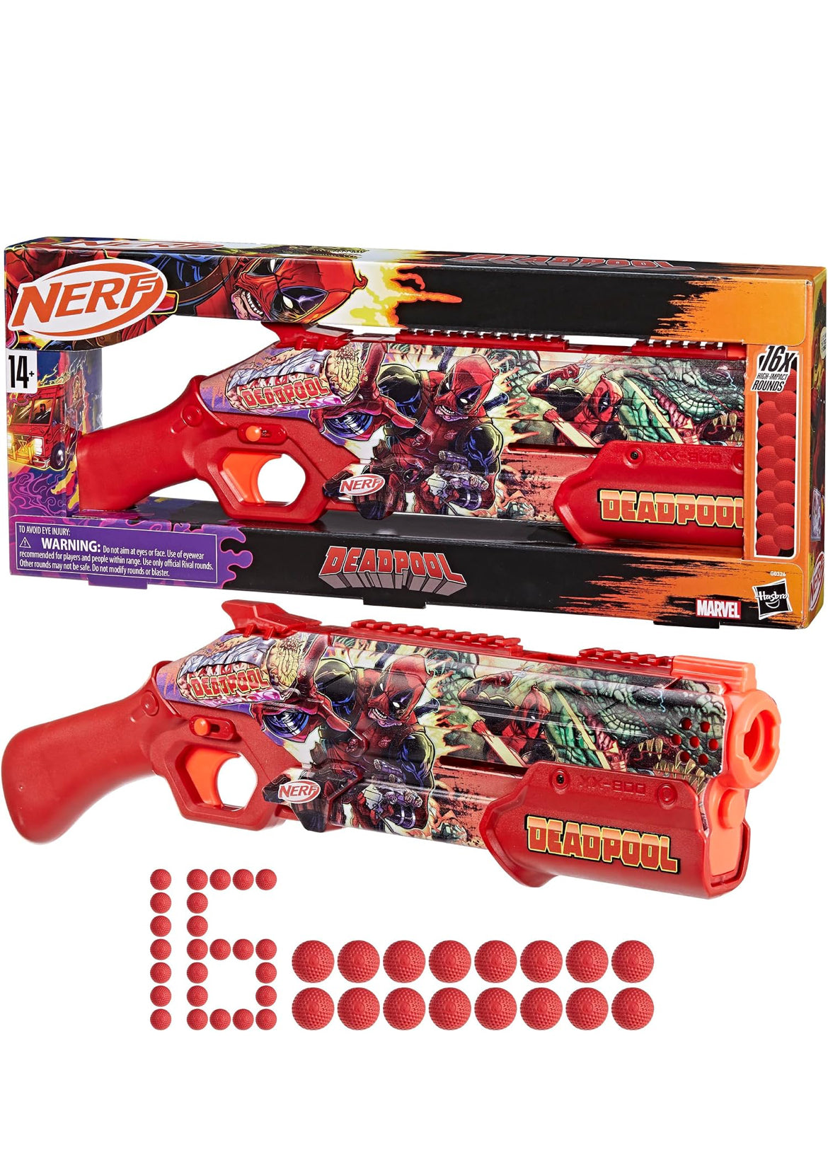 Nerf Marvel Deadpool Blaster, 16 Nerf Rival Accu-Rounds, Pump Action, Breech Load, Gifts for Teens, 14+
