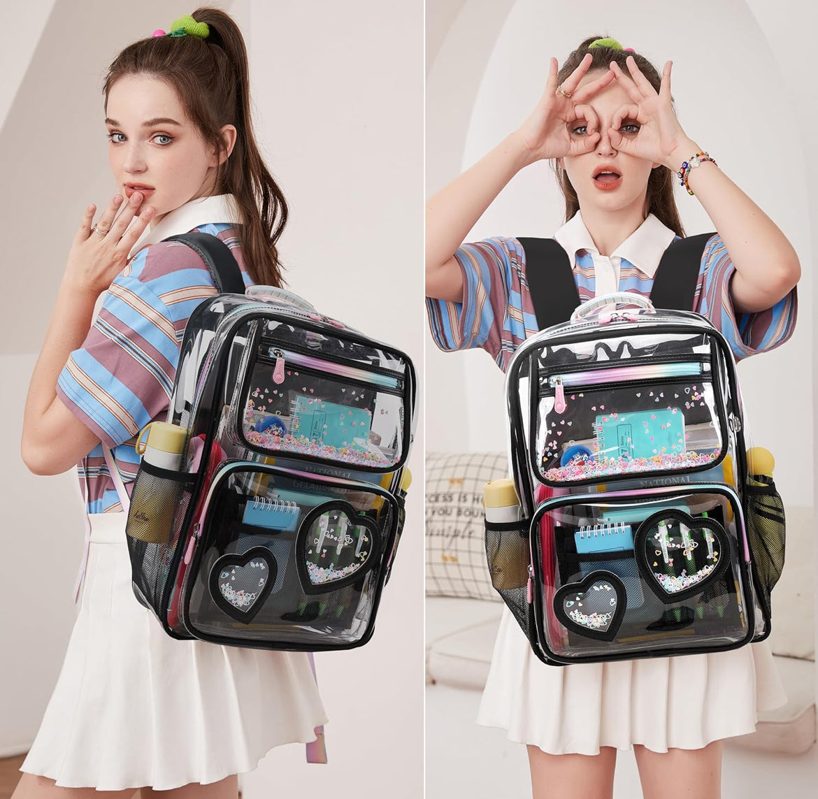Clear Backpack for Girls Women Transparent Kids Elementary College School Bag Travel Laptop Backpacks Large Bookbags (Black)