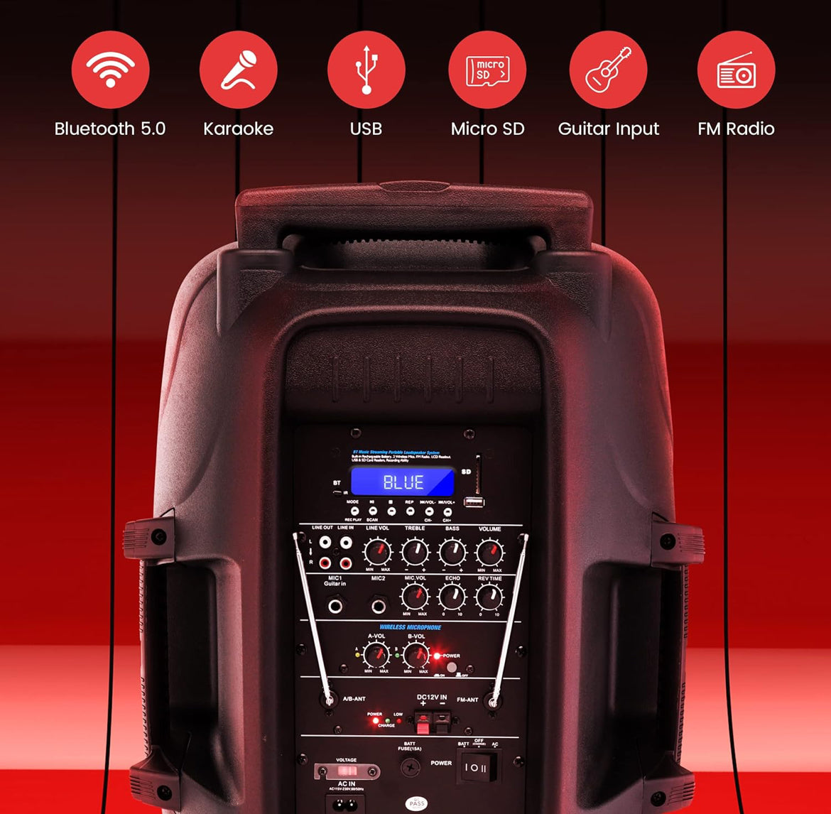Draagbare 15" 1600 Watt Bluetooth PA-luidspreker - Binne- / buiteklankstelsel met (2) UHF Draadlose Mikrofone, Herlaaibare Battery, Oudio-opname, USB/SD-lesers, FM-radio