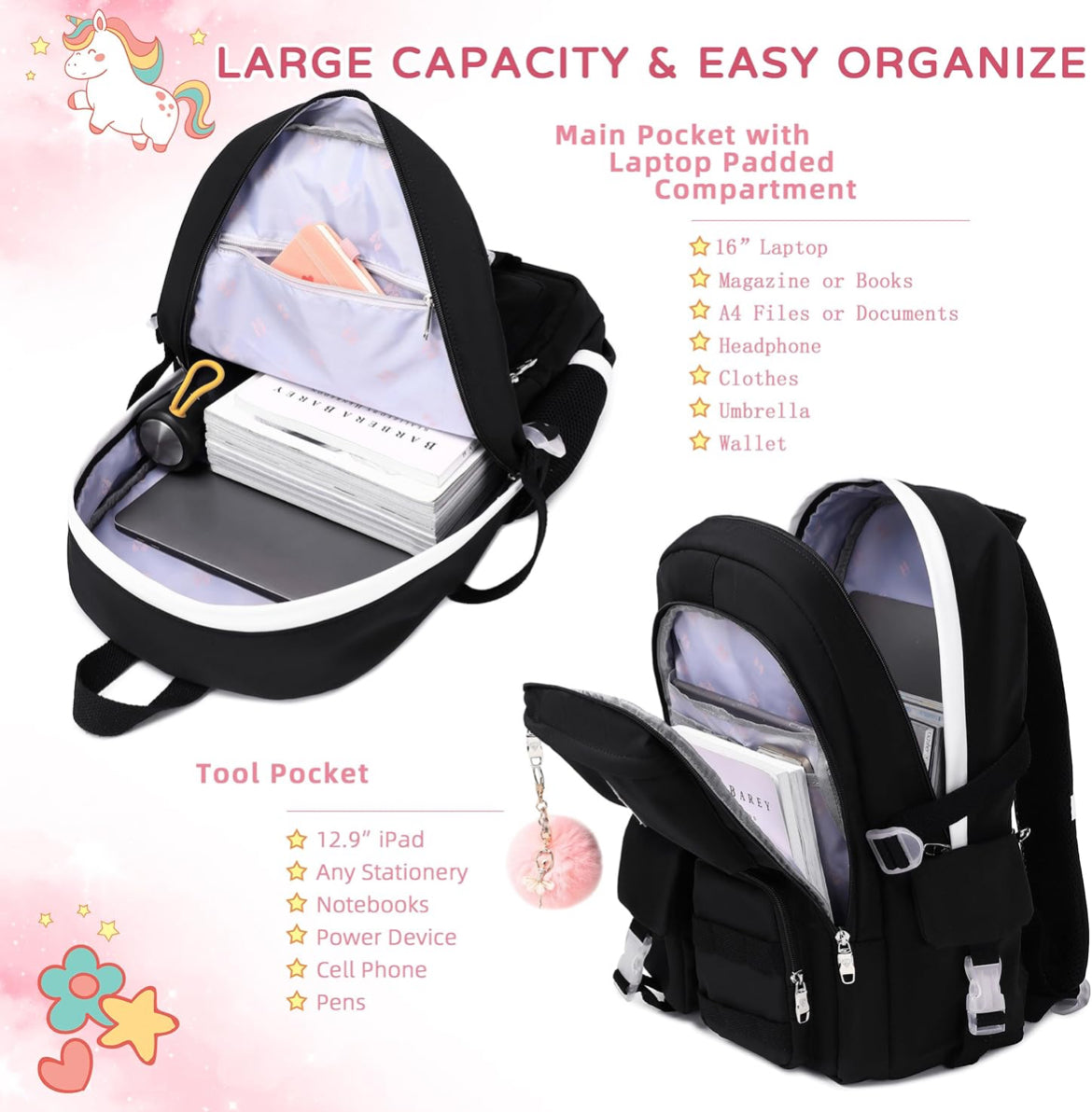 Backpack for Girls Laptop Backpacks 15.6 Inch College Cute Bookbag Anti Theft Primary Elementary School Bag Casual Daypack for Students Teens Girl Women (Black)