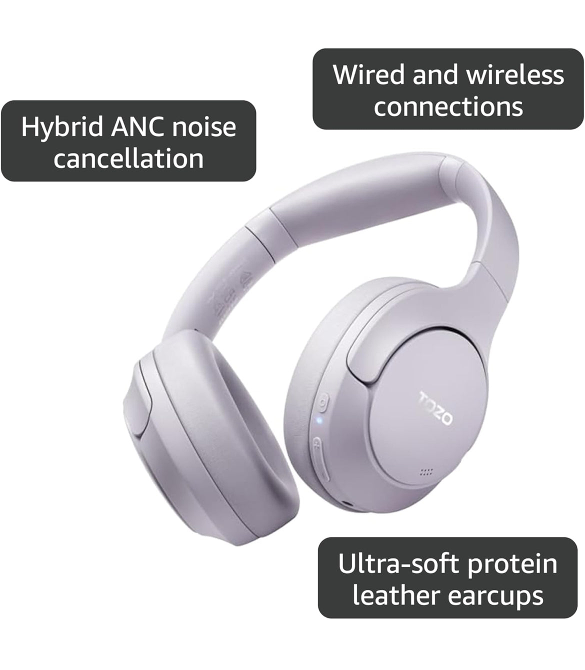 Hybrid Active Noise Cancelling Headphones, Wireless Over Ear Bluetooth, 40H Playtime, Hi-Res Audio Custom EQ, Comfort Fit Ear Cups (Purple)