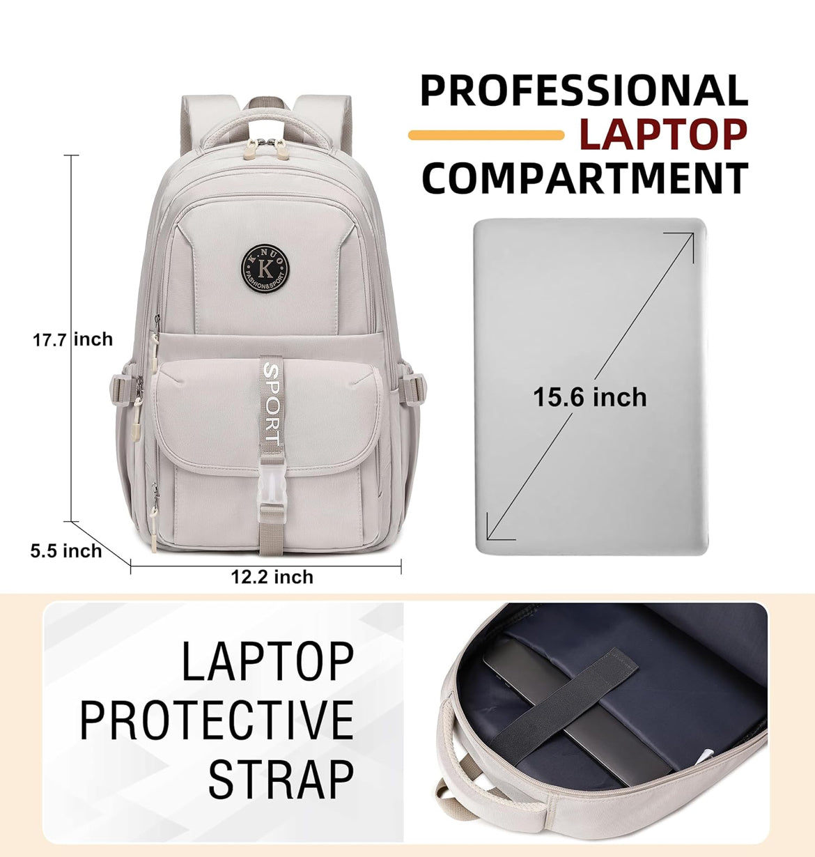 College Backpack, Travel Laptop Backpacks, Large Kids School Bag for Teens Girls Boys Students Bookbag Fit for 15.6 Inch Computer Waterproof Business Work Back Pack for Women Men Daypack Beige
