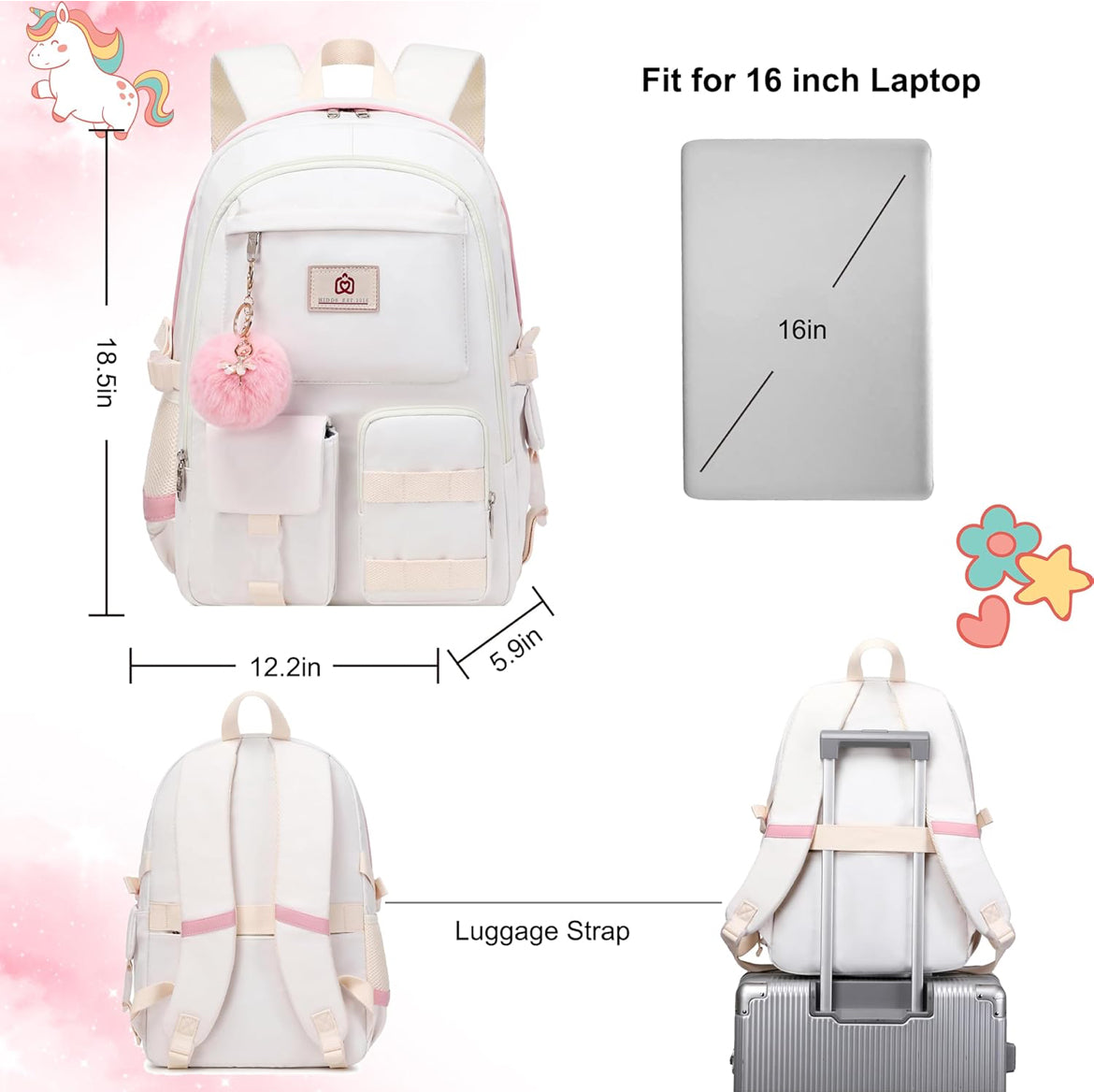 Backpack for Girls Laptop Backpacks 15.6 Inch College Cute Bookbag Anti Theft Primary Elementary School Bag Casual Daypack for Students Teens Girl Women (Beige)