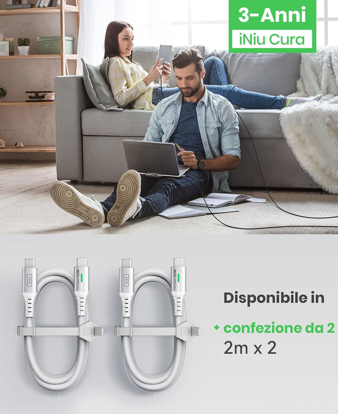 INIU USBC to USBC Cable, [6.6ft, White] 2-Pack USB C to C Fast Charging Cable for iPhone 16 15 Galaxy S23 S21 A71, MacBook, iPad, and More