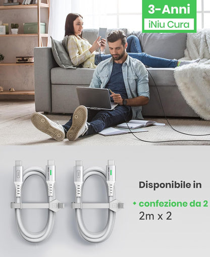 INIU USBC to USBC Cable, [6.6ft, White] 2-Pack USB C to C Fast Charging Cable for iPhone 16 15 Galaxy S23 S21 A71, MacBook, iPad, and More