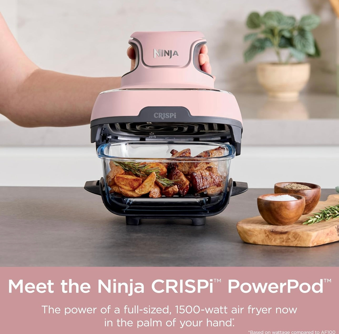 Ninja Crispi 4-in-1 Portable Glass Air Fryer Cooking System, 4 QT & 6 Cup Glass Containers with Storage Lids- Pink, FN101PK