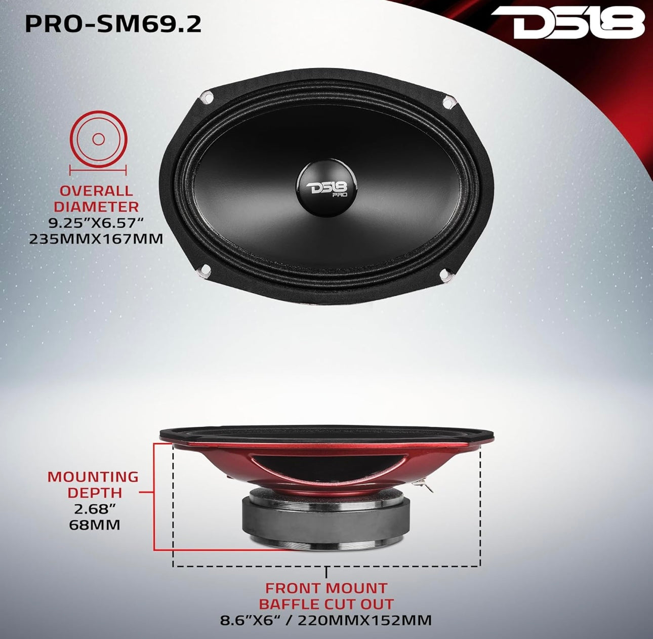 DS18 PRO-SM69.2 6x9 Shallow Water Resistant Cone Mid-Range Speaker - 1PC
