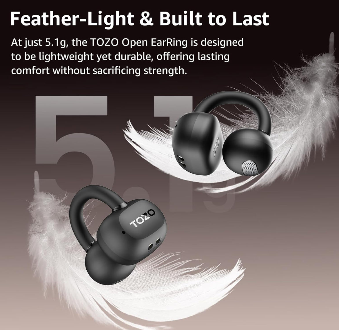 Open Ear Clip Earbuds, Lightweight Comfort 40H Play BT w/ Smart Digital Display - Black