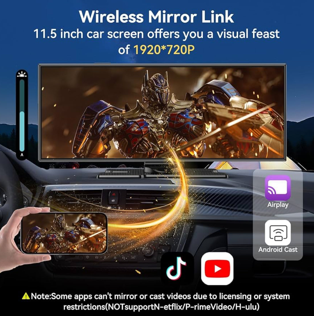 CarPlay Screen 11.5" Bluetooth, Wireless Android Auto Display w/ 4K Dashcam, 1080P Rear Cam, Bluetooth, Voice Control