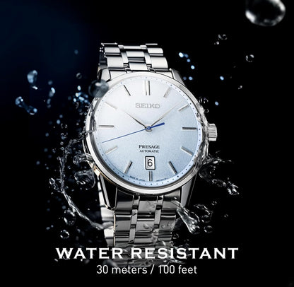 SEIKO Presage Versameling - Bloupatroon Steenwyserplaat - Vlekvrye Staalhorlosieband, Saffierglas Vertoon - Waterbestand 30M
