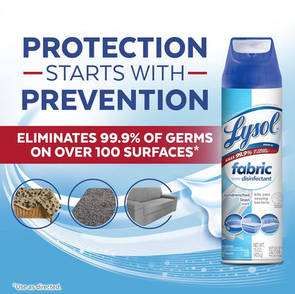 Lysol Fabric Disinfectant Spray, Sanitasie- en Antibakteriese Spuitmiddel, Vir die Ontsmetting en Ontgeuring van Sagte Meubels, Sundrenched Linen 15 FL. Oz