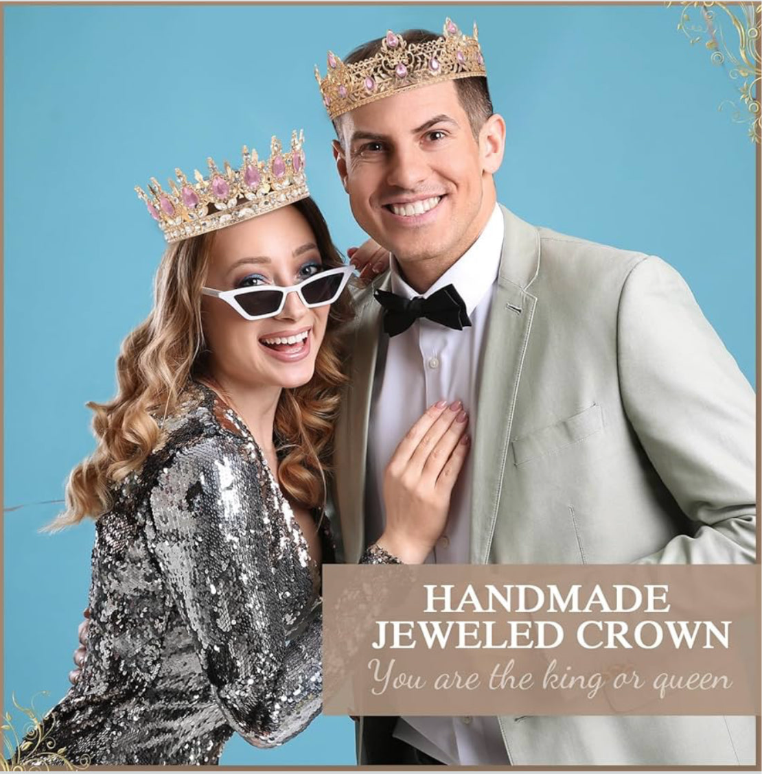 2 Stuks Prom Koning en Koningin Kroone vir Mans Vroue Koning Koningin Kroone Tiara met Strass vir Trou Verjaarsdag Grad (Pienk Goud, Pienk Styl)