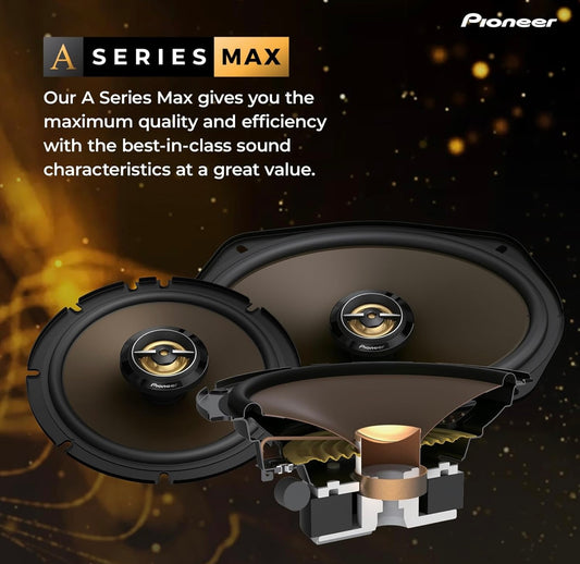 Pioneer A-reeks MAX TS-A653FH, 2-rigting koaksiale motoroudio luidsprekers, volreeks, helder klankgehalte, maklike installasie en verbeterde basrespons, volgoudkleurige 6.5” ronde luidsprekers