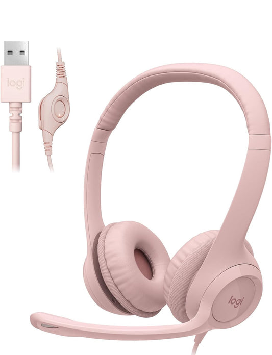 Logitech H390-speletjieshoofoorfone, bedrade hoofoorfone met mikrofoon, USB-koptelefoon met mikrofoon vir rekenaar, geraasdempende mikrofoon vir videovergaderings, musiek, speletjies – Roos