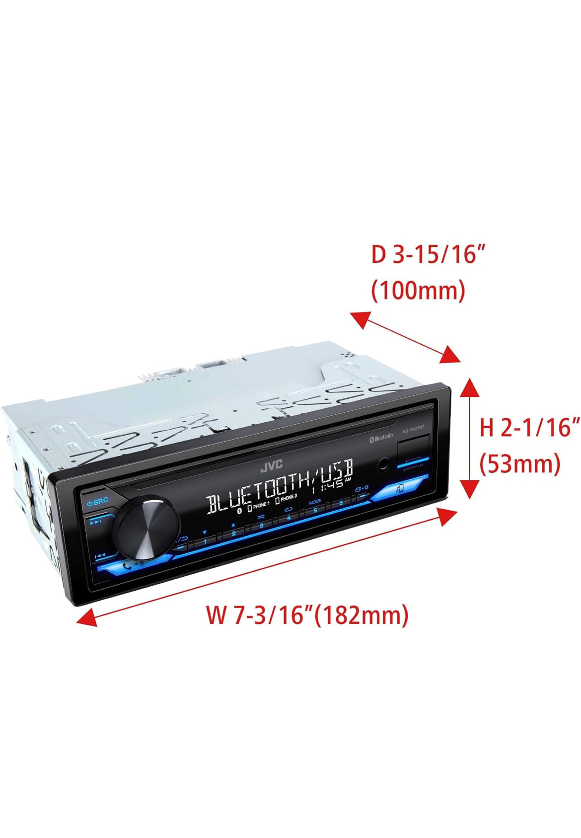 JVC KD-SX27BT Kar Stereo met Bluetooth, 100W Digitale Media Ontvanger, 1.5A USB om Toestelle te Laai, Enkel DIN Hoofeenheid, AM/FM, Aux-in, JVC Afstandsbeheer App