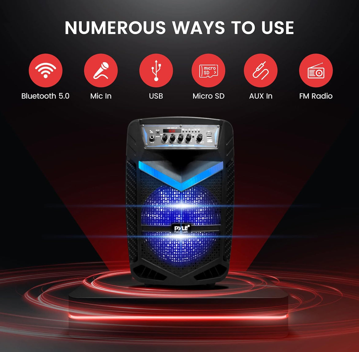 Portable Bluetooth PA Speaker System  600W Rechargeable 10” Subwoofer 1” Tweeter, Recording Function, Mic In Party Lights USB/SD Radio
