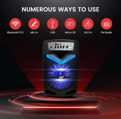 Portable Bluetooth PA Speaker System  600W Rechargeable 10” Subwoofer 1” Tweeter, Recording Function, Mic In Party Lights USB/SD Radio