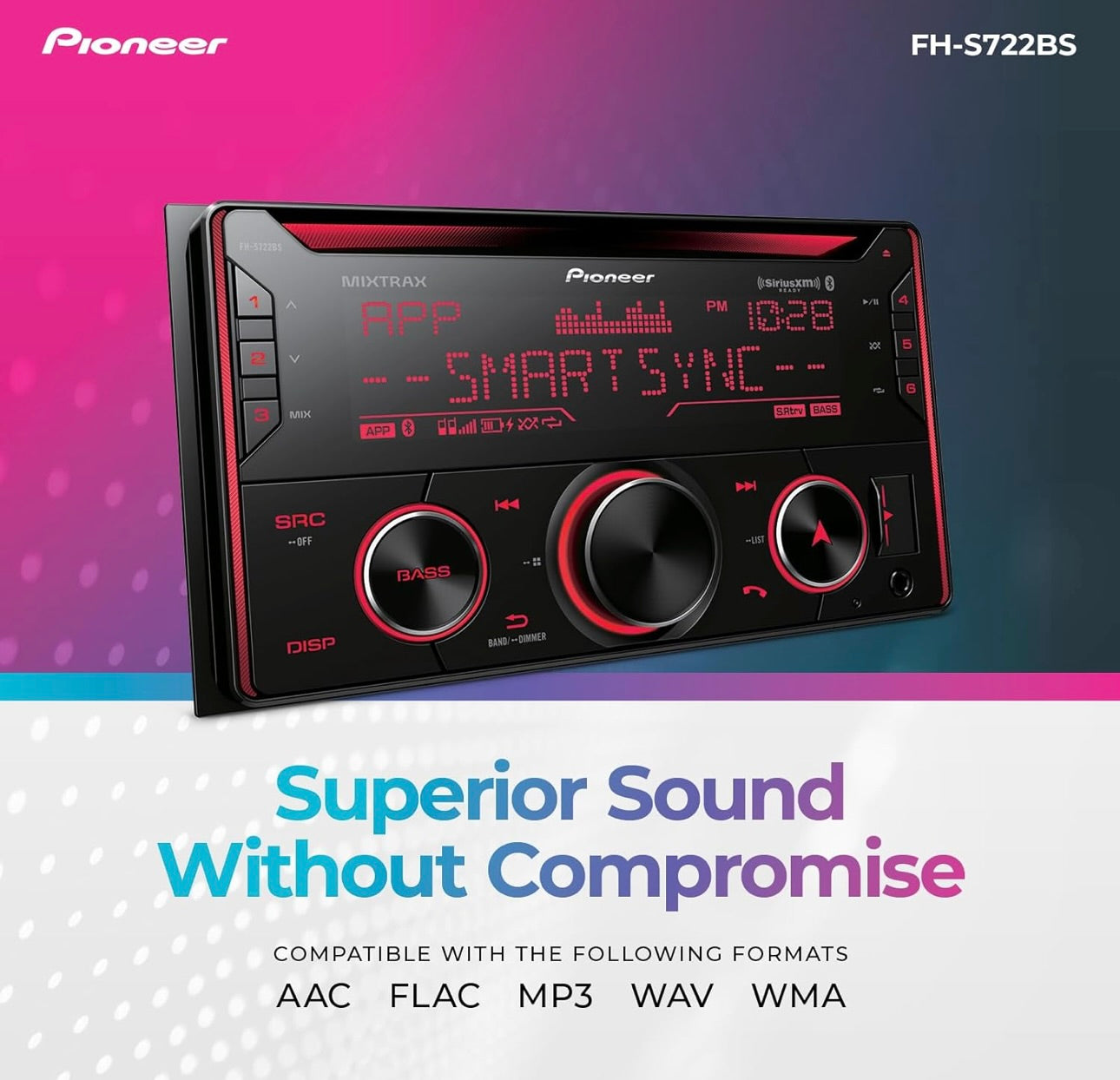 Pioneer FH-S722BS Dubbel Din Bluetooth CD Ontvanger – Ingeboude Bluetooth, USB/AUX Ingange, Pioneer Smart Sync, Hands-free Oproepe, Verbeterde Klank in die Motor