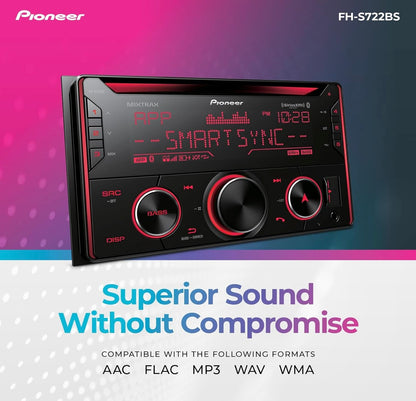 Pioneer FH-S722BS Dubbel Din Bluetooth CD Ontvanger – Ingeboude Bluetooth, USB/AUX Ingange, Pioneer Smart Sync, Hands-free Oproepe, Verbeterde Klank in die Motor