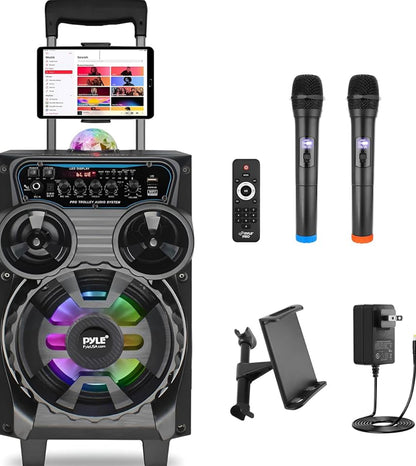 Draagbare Herlaaibare Bluetooth PA-luidspreker - 580W 8” Buite BT Karaoke Oudiostelsel - TWS, Disco Partytjie Beligting, LED-skerm, FM/AUX/MP3/USB/SD, 6.5mm in, Trollie, Wiele - Koordlose Mikrofoon, Afstandbeheer
