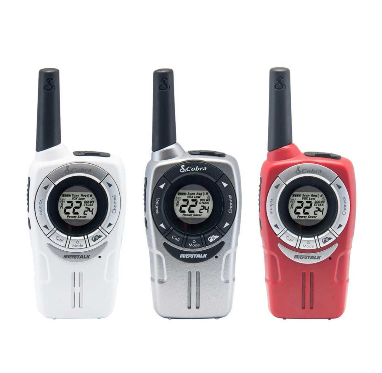 Cobra ACXT360 Water Resistant Walkie Talkies – Rechargeable, 22 Channels, Long Range 25-Mile Range Two-Way Radios 3-Pack, White, Silver and Red