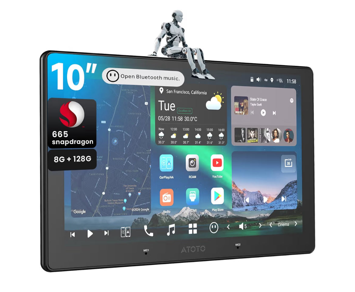 10" QLED Motorstereo Dubbel Din, Draadlose CarPlay & Android Auto, 4G LTE, Dubbele WiFi, 7.1.2 Kanaal Oudio, FLAC, 36B-EQ, Hi-Volt RCA, HDMI Inset
