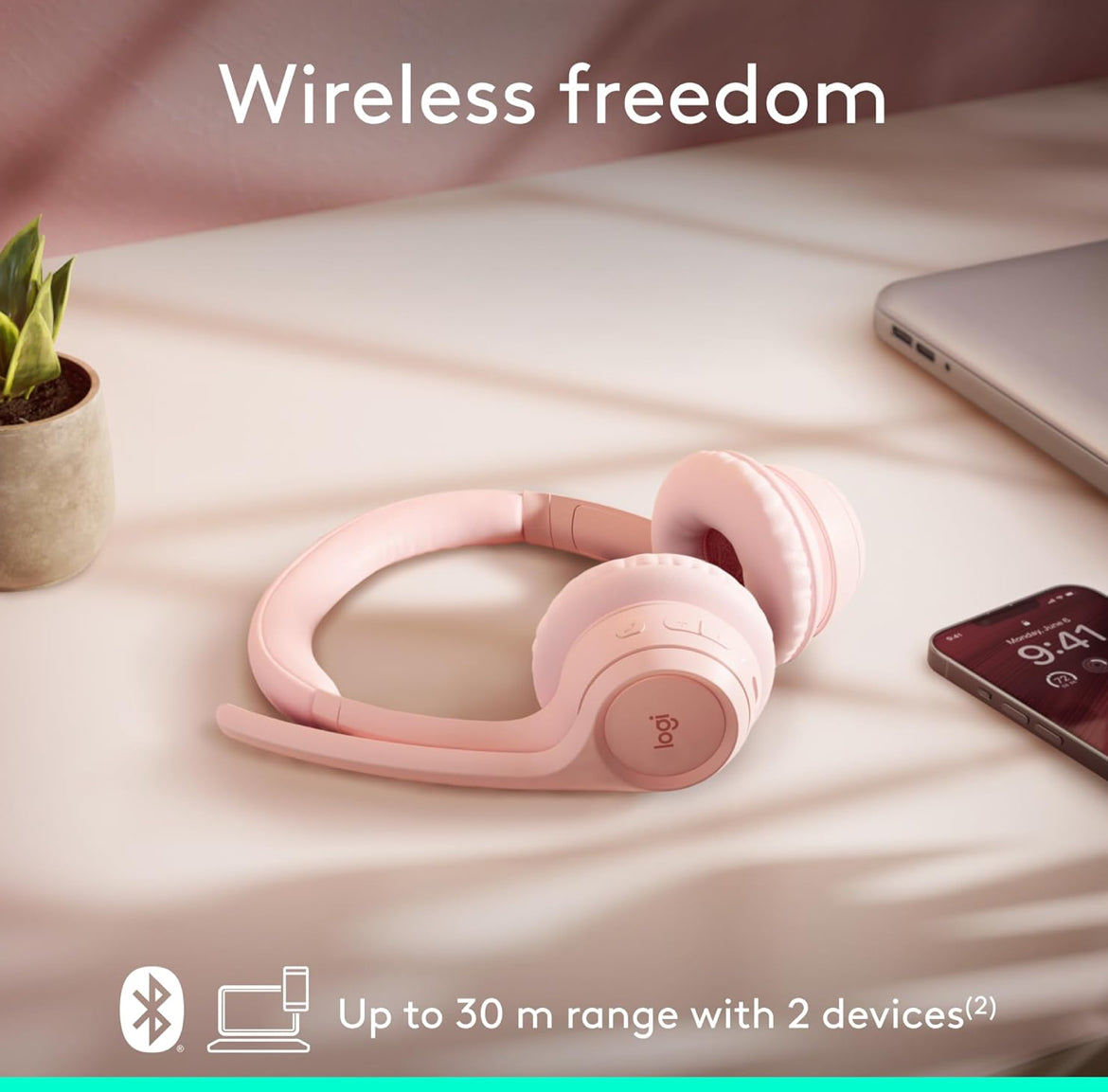 Logitech Zone 300 draadlose Bluetooth-koptelefoon met geraasdempende mikrofoon, versoenbaar met Windows, Mac, Chrome, Linux, iOS, iPadOS, Android – Rose
