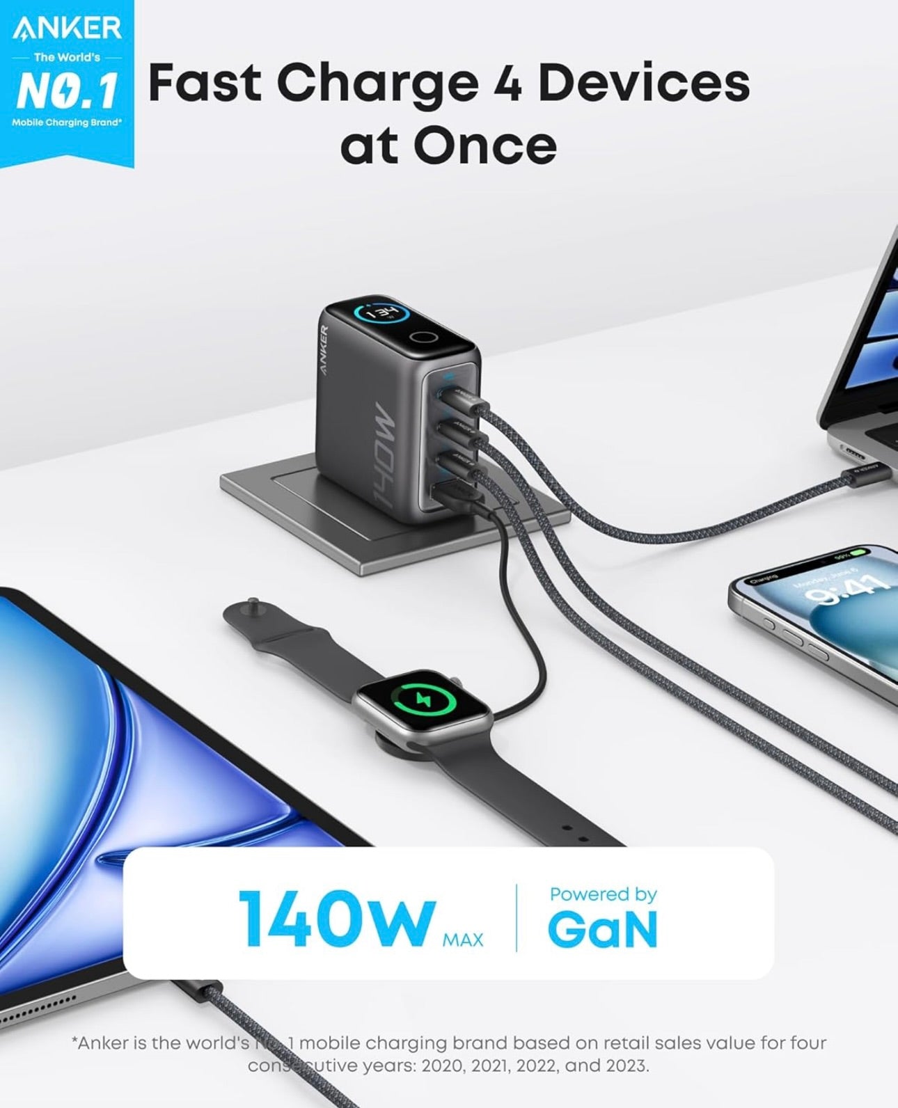 Anker Laptop Charger, 140W MAX USB C Charger, 4-Port Multi-Device Fast Charging, - BLACK